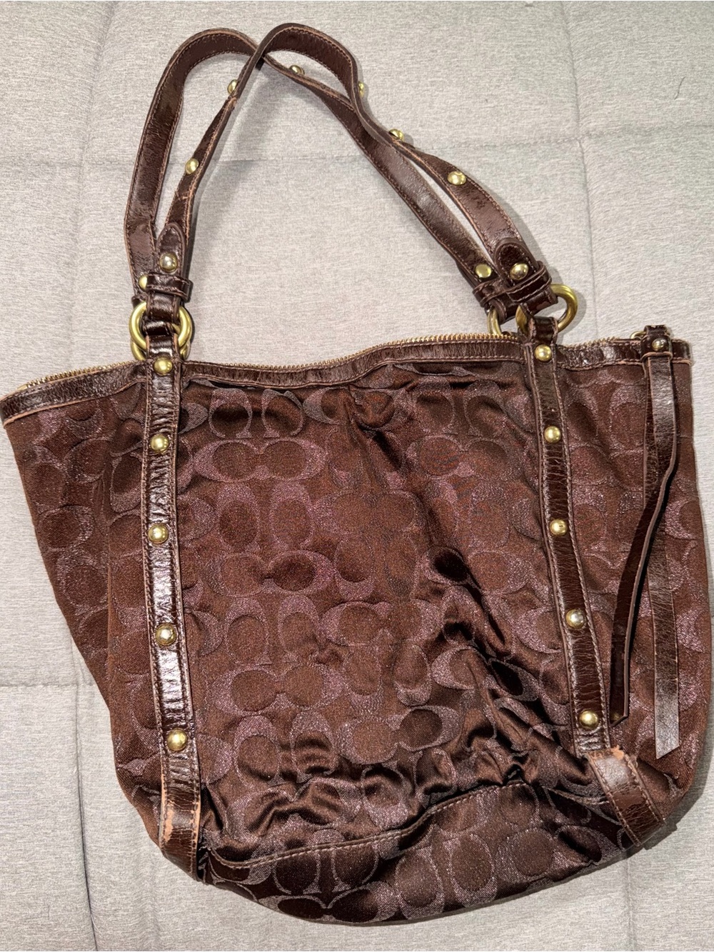 Coach Brown Signature Jacquard Tote with Gold-Tone Studs